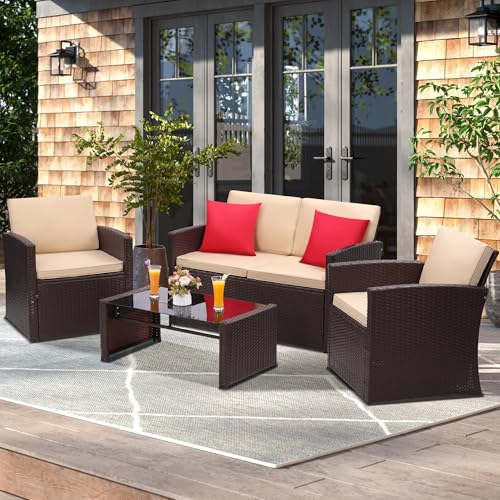 Image of KROFEM 4 Piece Patio Furniture Set, Outdoor Wicker Conversation Set | Washable Cushions, 2 Armchairs + Loveseat Sofa + Coffee Table, Hand Woven UV Treated Wicker, Rustproof Steel Frame, Beige