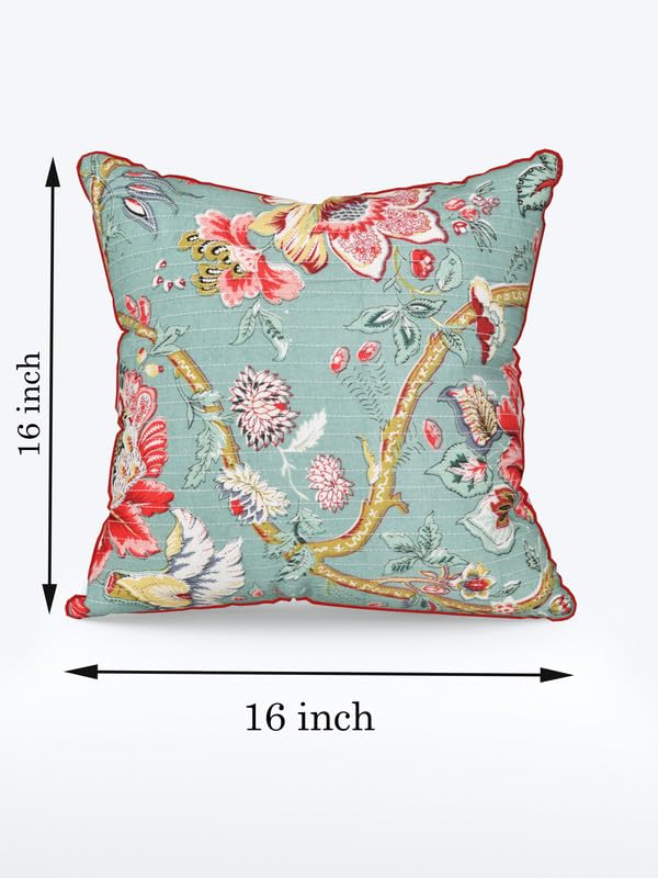 Image of Pure Cotton Quilted Cushion Cover 16x16 Inch | Anokhi Print Decorative Throw Pillow Cover | Soft Cotton Sofa Cushion Cover with Hidden Zipper | Living Room Bedroom Home Decor