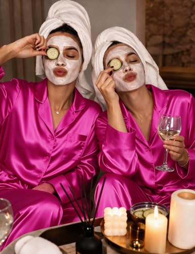 Image of SWOMOG Long Sleeve Pajamas Set Silk Satin Sleepwear Button Down Pjs Loungewear with Pocket