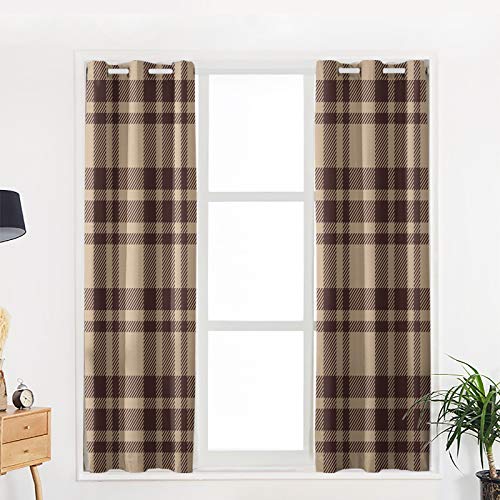 Artshowing Plaid Blackout Window Curtains 2 Panels Patchwork Decor, 42X54 Inch Thermal Insulated Grommet Curtains For Bedroom Living Room, Brown Geometric Elegant Checkered Texture #TOP4