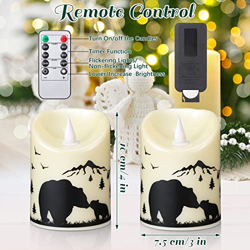 Image of Treela 2 Pieces Christmas Flameless LED Candles with 8h Timer, Battery Operated Plastic Pillar Rustic Candles Warm Light with Decals for Adventure Table Home Decor, D3 x H6 (Woodland Mountain)