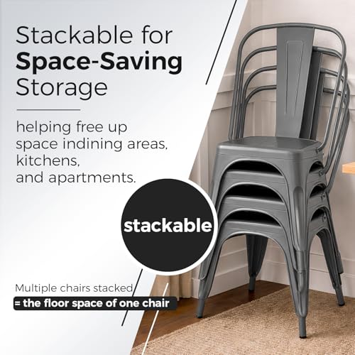 Image of Metal Dining Chairs with Backrest, Stackable, Grey, 4 Pack | Easy Assembly, Non-Slip Feet, 330 lb Capacity, Kitchen, Restaurant, Cafe, Pub, Covered Patio