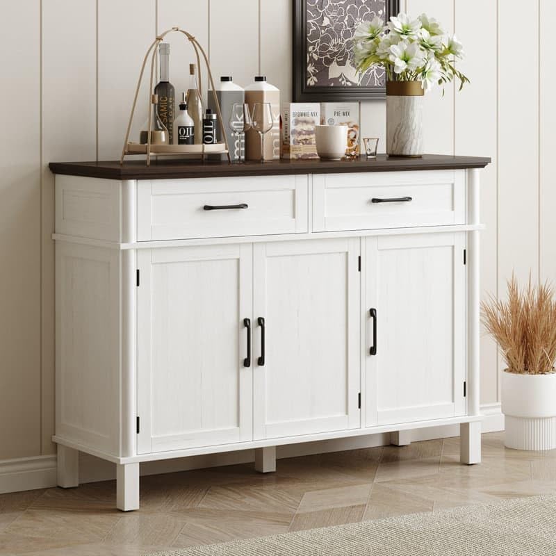Solid Wood Sideboard with 3 Design Door & 2 Drawers for Living Room | Solid Wood Cabinet for Storage |Multipurpose Cabinet for Kitchen and Living Room Storage (White)