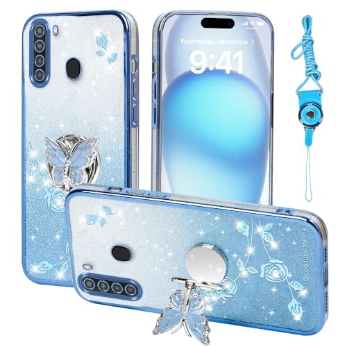 RTYQXK for Samsung Galaxy A21 Phone Case,for Galaxy A21 Mobile Phone Case for Women and Girl, Glitter Butterfly Floral TPU Protective Cover with Kickstand+Strap for Samsung A21 (Blue)