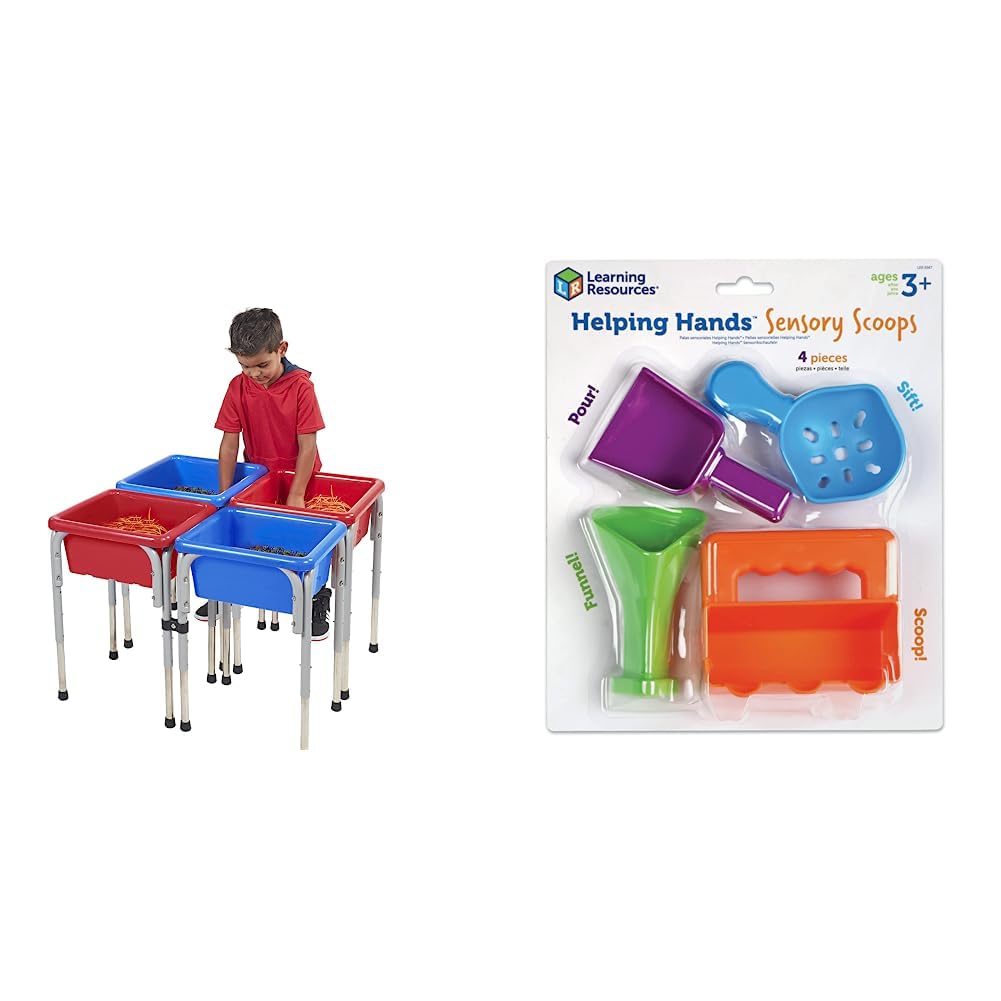 ECR4Kids 4-Station Sand and Water Adjustable Play Table, Sensory Bins, Blue/Red and Learning Resources Helping Hands Sensory Scoops, 4 Pieces, Ages 3+, fine Motor Skills Toys for Children, Toddlers bin, Tool Set