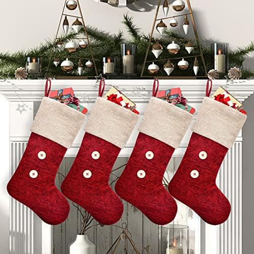 ElegantPark Christmas Stockings 4 Pack Burlap Christmas Stockings for Family Kids Large Xmas Rustic Red Stockings Christmas Decoration for Holiday Party Fireplace Home, 18" Christmas Stocking