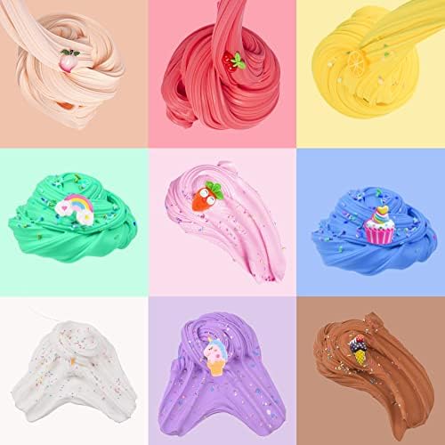 12 pack Fluffy Slime Kit, with 2 Stress Relief Balls, Unicorn,Cake Animal Candy and Fruit Butter Slime Making Kit,Super Stretchy and Non-Sticky,Educational Stress Relief Slime Toys for Girls Boys