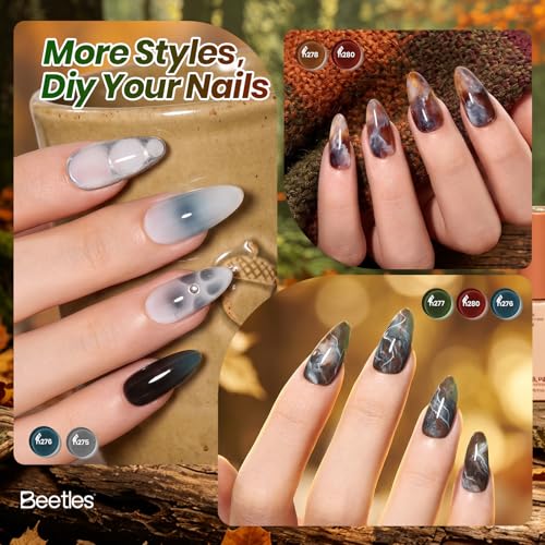 Image of Beetles Jelly Gel Nail Polish Set - Natural Coda 6 Colors Dark Gel Nail Polish Kit Brown Green Black Teal Burgundy Red Sheer Translucent Effect Soak off UV Blooming Nail Art DIY at Home Gift