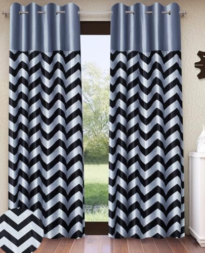 Image of Home Sizzler 2 Pieces Solid Patch Zigzag Print Eyelet Polyester Door Curtain - 7 Feet, Grey