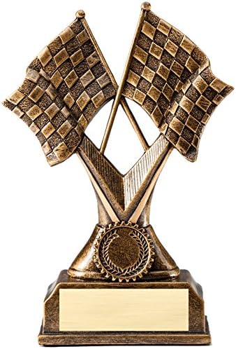 SHOP AWARDS AND GIFTS Customizable 7 Inch Racing Crossed Checkered Flags Resin Trophy, Includes Personalization