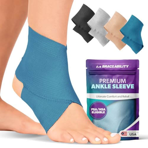 Image of BraceAbility Elastic Ankle Support Brace - Lightweight Slip on Foot and Ankle Compression Sleeve for Gymnastics, Dance, Sports, Running, Exercise, and Sprained Ankle Swelling for Women and Men (Teal, Medium)