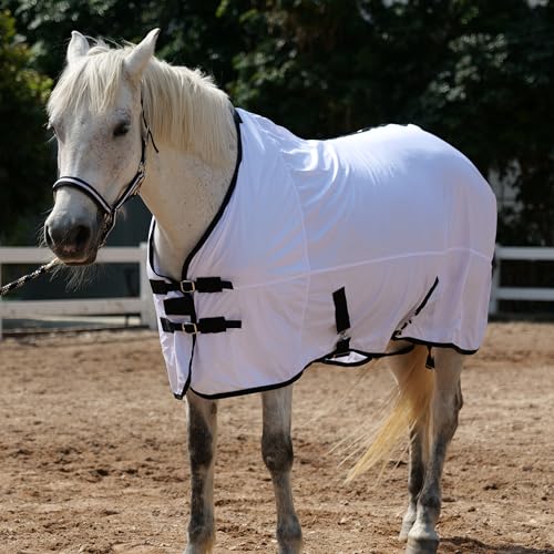 Image of Horse Fly Sheet Lining, Mesh Equine Sheets Fly Rug, UV Protection | Breathable Mesh Fly Sheets for Horse, Equine Summer Sheets, Bug Mosquito FlySheet for Stable, Pasture, Barn (75 inch, White)
