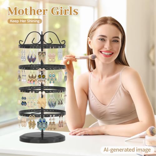 Image of MODOWEY 4 Tiers Metal Rotating Earring Holder Organizer Stand Adjustable Display Tree, 176 Holes Large Carousel Rack for Stud Hoop Pierced Dangling Women, Idear View for All Earrings, Black
