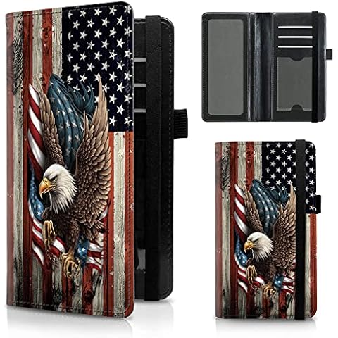 FUYOCWE Leather Checkbook Cover for Men Women Check book Holder Cover Wallets for Personal Checkbook Duplicate Checks with RFID Blocking & Elastic Strap-Bald Eagle with Flag Cover
