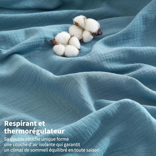 Housse de couette gaze de coton 220x240 bleu parure de lit double 100% coton - 3