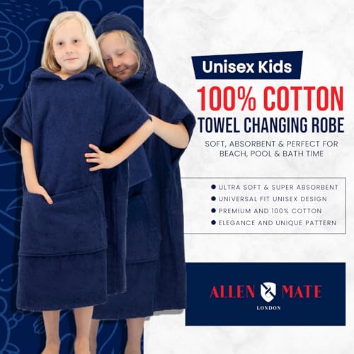 Image of ALLEN & MATE 100% Cotton Kids Hooded Surf Poncho Changing Robe, Quick Absorbent Wearable Swim Towel Boys & Girls, 6-13 Years