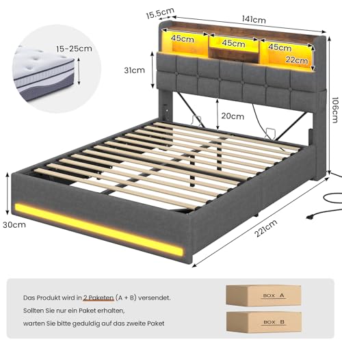 Polsterbett 140×200cm Hydraulisches Stauraumbett mit LED-Bleuchtung Jugendbett mit USB- und Type-C-Anschlüsse Doppelbett Bettgestell mit Holzlatten, Leinenstoff, ohne Matratze (Dunkelgrau, 140x200cm) – Bild 3