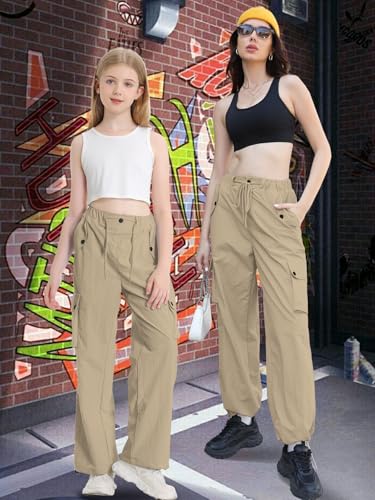 Image of Cromoncent Cargo Pants Girls & Women Parachute Pants Y2K Baggy Rave Clothes Waterproof with Pockets, 6 Years - 3XL