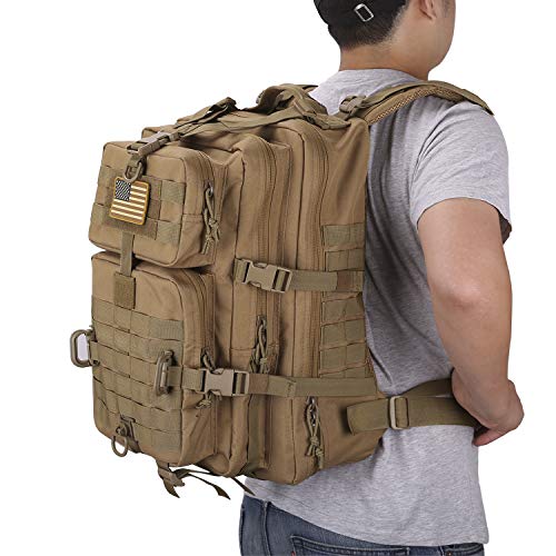 Hannibal Tactical Molle Assault Pack, Tactical Backpack Military Army Camping Rucksack, 3-Day Pack Trip W/Usa Flag Patch, D-Rings, Coyote #TOP6