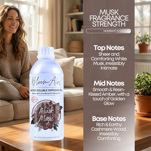 Image of Musk Magic Diffuser Oil for Home Fragrance, 1 Litre Refill, Water-Soluble, Strong & Long-Lasting Aroma Infused with 3X Hyper Boost Action for use in Home and Office