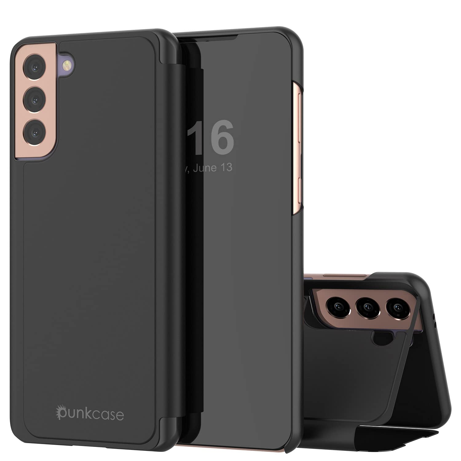 Punkcase S21 Reflector Case Protective Flip Cover W/Scratch Resistant Translucent Mirror Front & Non-Slip PU Leather Back Integrated Kickstand for Galaxy S21 5G (6.2