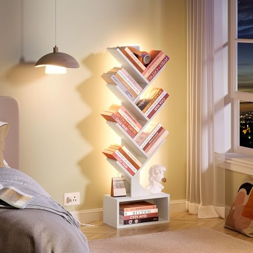 Image of Hoctieon 6 Tier Tree Bookshelf, Tall Bookcase with Drawer, Freestanding Book Shelf with LED Lights, Display Floor Standing Storage Shelf, Book Organizer Shelves for Home Office, Living Room, White