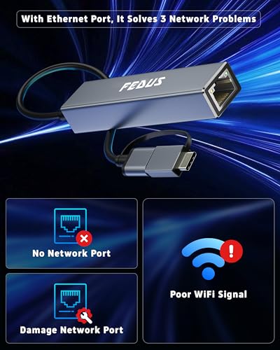 Image of FEDUS 1GIGA 2-in-1 Gigabit Type C to Ethernet Adapter, USB 3.0 to LAN Ethernet Adapter, USB to LAN Converter for Windows, Mac, LAN Connector for Laptop, Desktop, Type c to LAN