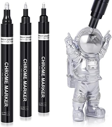 Silver Liquid Mirror Chrome Markers: 3 Chrome Paint Pens, Permanent Chrome Mirror Marker for Model Metal Plastic Glass Repair Kit Car Tire DIY, Waterproof Reflective Gloss Metallic Markers（1-3mm）
