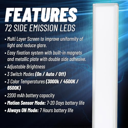Image of Under Cabinet Lights, Pack of 2, 12 inches, 72 Side Emission LEDs, Rechargeable Battery, Under Cabinet Lighting, Motion Sensor Light, LED Lights for Bedroom, Home Decor, Night Light, Closet