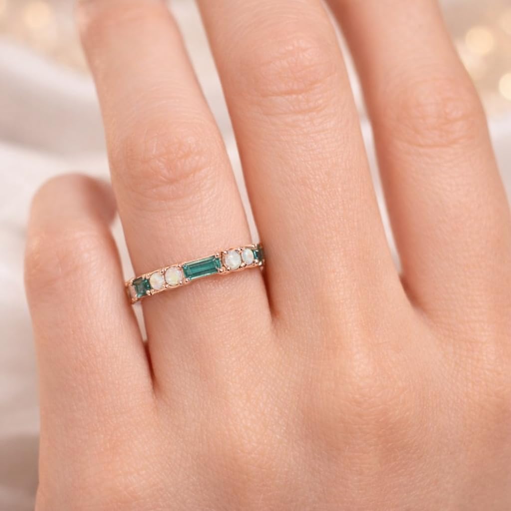 Teal Sapphire and Opal Wedding Band in 14K Rose Gold Baguette Cut Sapphire & Round Opal Half Eternity Ring Stackable Anniversary Band Minimalist Handmade Bridal Jewelry Gift for Her