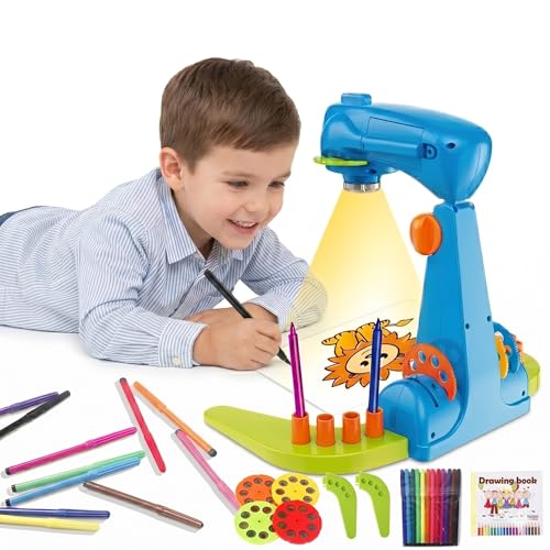 Kids Drawing Projector & Preschool Art Tracing Kit – Includes 4 Sturdy Discs with 32 Animal & Fruit Images, 12 Color Pen and 1 Paper Pad – Play-Based Learning Toy for Boys & Girls Ages 3+