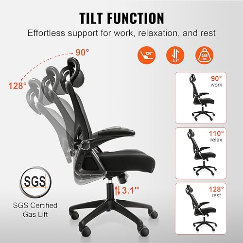 Image of VEVOR Ergonomic Office Chair, Adjustable Lumbar Support and Headrest, Home Desk Chair with Flip-up Armrest, 90-128 Tilt Rocking and Thickened Seat, Mesh Computer Chair for All Day Comfortable Sitting