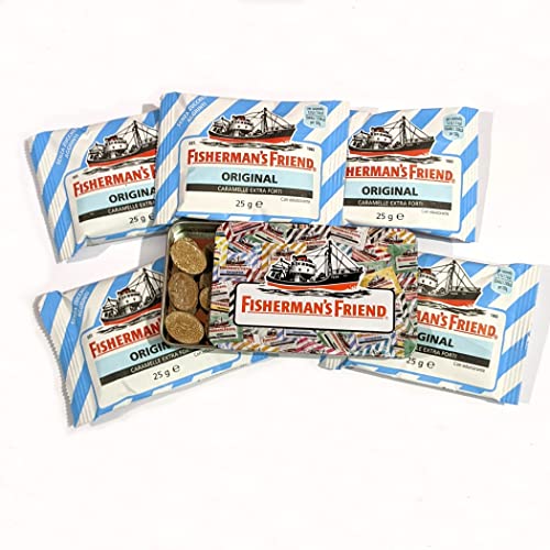 FISHERMAN'S FRIEND | Confezione in Metallo porta caramelle con 5 buste di Fisherman's | La Caramella Balsamica più forte con sole 4 calorie (Original Senza Zucchero)