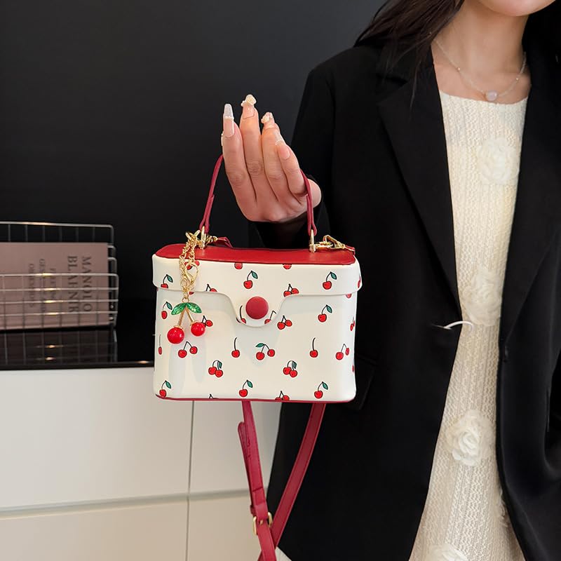 Women Casual Shoulder Bag Cherry Printed Trendy Crossbody Bag Contrast Color Cute Square Bag Travel Shopping Work Bag2