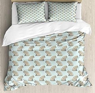 ABAKUHAUS Sheep Duvet Cover Set, Fluffy Animal Characters Art, Bedding Set 3 Pieces with 2 Pillow Shams, 200 x 200 cm - 70 x 50 cm, Eggshell and Pale Blue