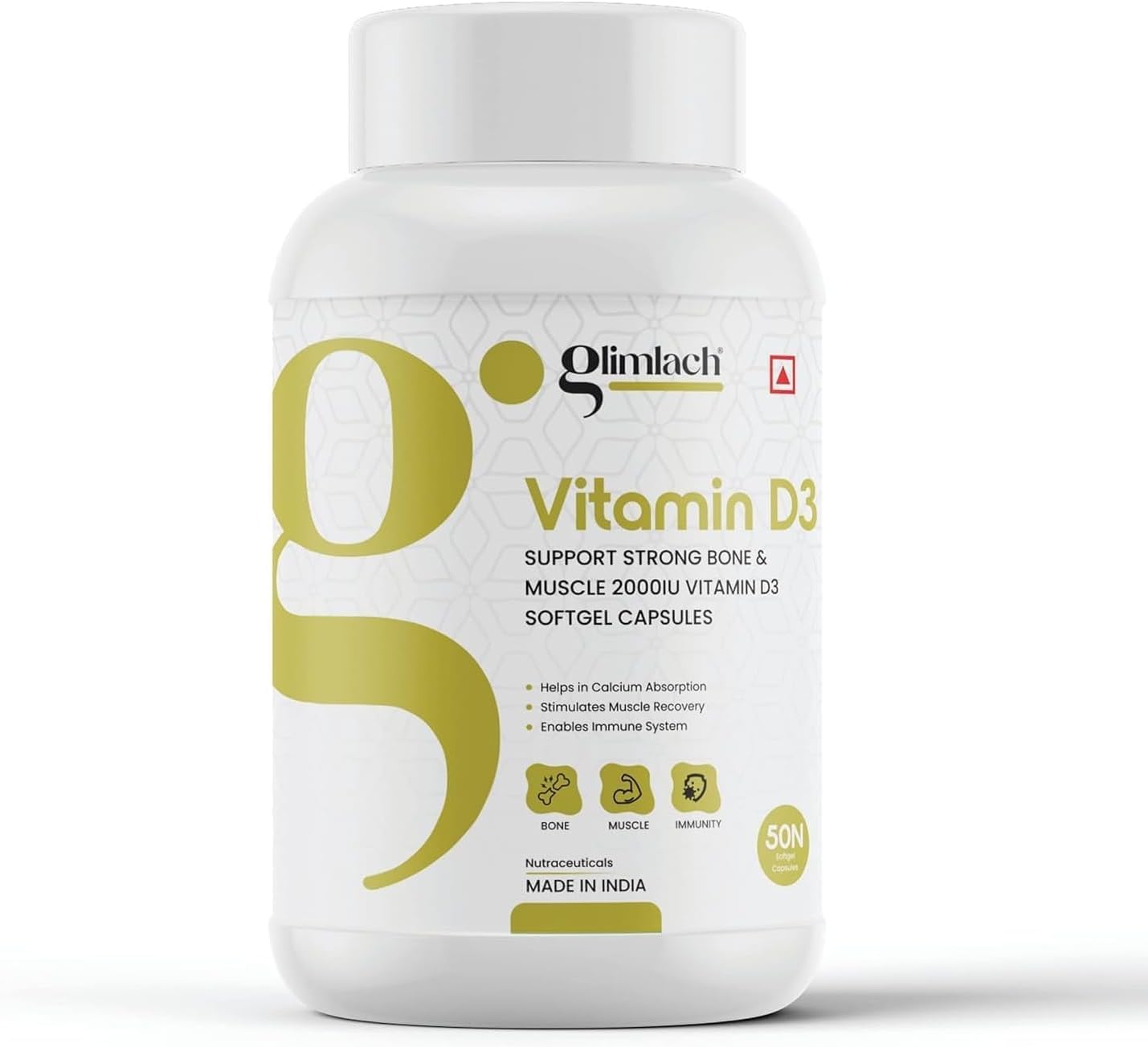 Vitamin D3 50mcg (2000 IU), Vitamin D, Immune Support, Bone Health, Muscle Strength & Promotes Calcium - 50 Capsules