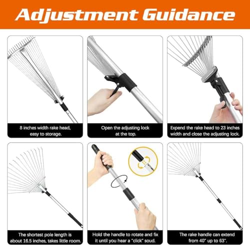 Verbreiterter Laubrechen 22-44cm,Gartenrechen mit 2.15M Verstellbare Metallstange und Handschuhe,Laubbesen,Fächerbesen Metall,Laubfächer,Rasenrechen für Reinigen von Pflanzen, Rasen und Hof