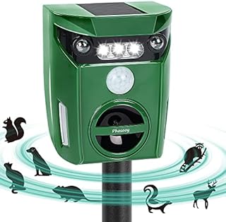 Phosooy Ultrasonic Animal Repeller, Outdoor Waterproof Solar Animal Deterrent Repellent with Motion Sensor & LED Flashing Lights, Drive Away Cats, Squirrels, Rats, Skunks, Raccoons and Deer
