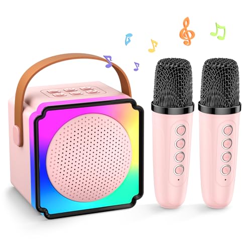 Anykuu microfone com altifalante microfone de karaoke para crianças 2 microfones altifalante Bluetooth portátil com luzes LED 5 efeitos de som mágicos presente para menino menina 3-12 anos