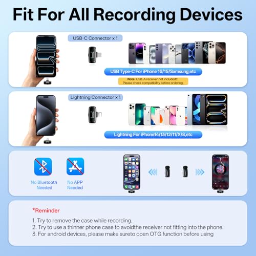 Image of Mini Wireless Lavalier Microphone for iPhone ipad Android, Noise Reduction and Mute, 33h Charging Case, Plug & Play, 131FT Range, Mini Lapel Mic for Video Recording, Vlogging, YouTube