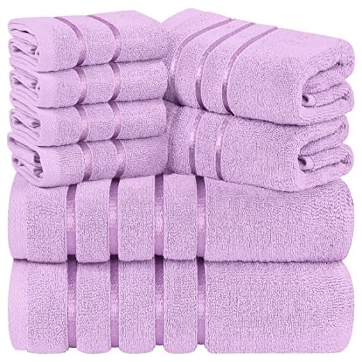 Utopia Towels 8-Piece Luxury Towel Set, 2 Bath Towels, 2 Hand Towels, and 4 Wash Cloths, 600 GSM 100% Ring Spun Cotton Highly Absorbent Viscose Stripe Towels Ideal for Everyday use (Lavender)