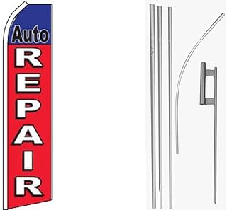 Auto Repair Red Blue Swooper Super Flag & 16ft foot ft Flagpole Kit / Ground Spike