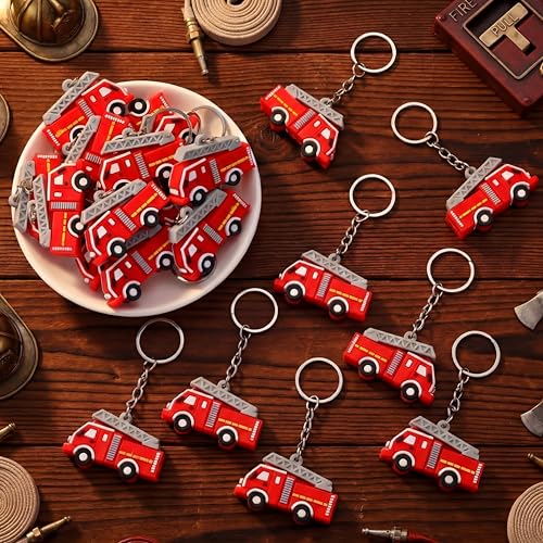 Image of Lineshading 48 Pcs Mini Pullback Fire Truck Keychain Bulk Firefighter Party Favors Small Fire Truck Toys Keychain Gifts Birthday Party Supplies