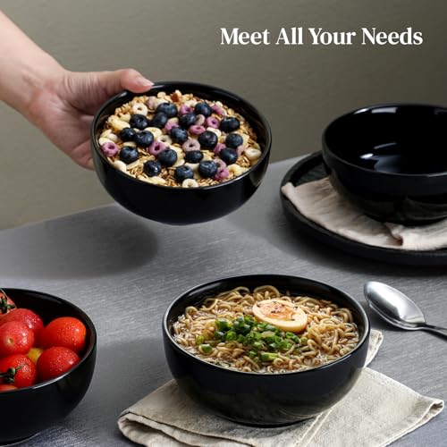 DOWAN 22 OZ Ceramic Soup Bowls & Cereal Bowls - 6" Classic Bowls Set of 4 for Soup, Cereal, Oatmeal, Fruit, Rice - Dishwasher & Microwave Safe (Black) - Image 6