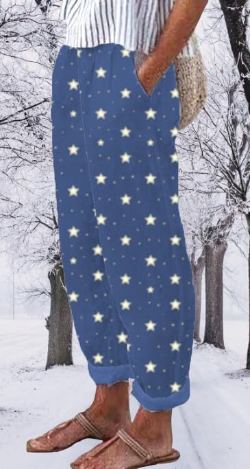 Womens Fashion 2024 Summer Casual Star Printed Palazzo Pants Loose Elastic Waist Cotton Trouser Flowy Leg Pants - Image 2