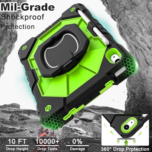 Image of WESOROL Case for iPad (A16) 11th 2025 (11-inch) /iPad 10th Generation 2022(10.9 inch),Military Grade Shockproof Cover for i Pad 11 /10 Gen with Rotating Stand Screen Protector Pencil Holder,Black Green