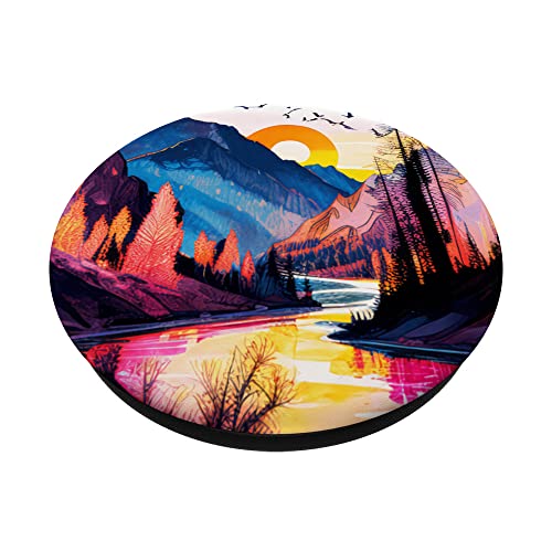 Painted Mountain River Sky Sunset Sunrise Dawn Dusk Pastel PopSockets Swappable PopGrip, Black - Image 2