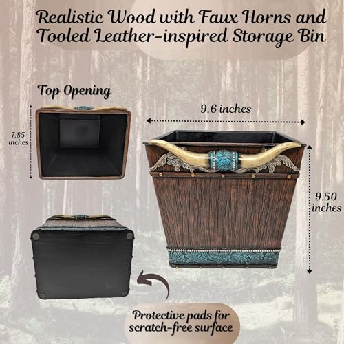 Image of BestGiftEver Rustic Decorative Storage Bin | Southwestern Tooled Leather-Designed Wastebasket with Faux Horns | Unique Trash Bin Ideal for Native American Themed Enthusiasts
