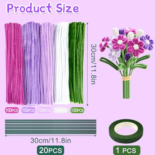 Image of ASTARON 521 Pcs 5 Colors Art Chenille Stems Pipe Cleaners Flower Making Kit | Purple Series Craft Pipe Cleaners,20 Floral Wires,Green Gardening Tape, Flowers Making Kit,Polyester Fluffy Pipe Cleaners Set