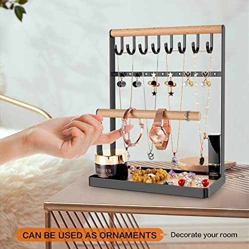 Geamsam Jewelry Rack Stand Necklace Holder 4-Tier Jewelry Display 8 Necklaces Hanging Hooks 12 Earrings Holes, Jewelry Wooden Tower Storage For Bracelets, Rings & Watches #TOP5